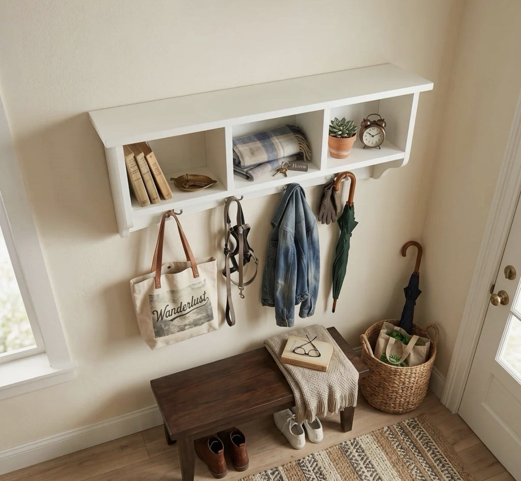 Alaterre Shaker Cottage Wall Coat Rack 3 Cubbies Hooks Ivory BNIB