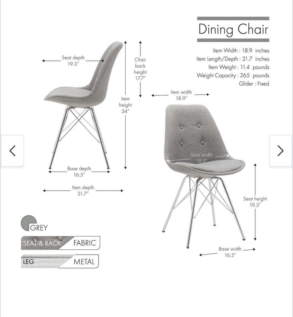 Porthos Home Upholstered Dining Chair with Chrome Metal Legs