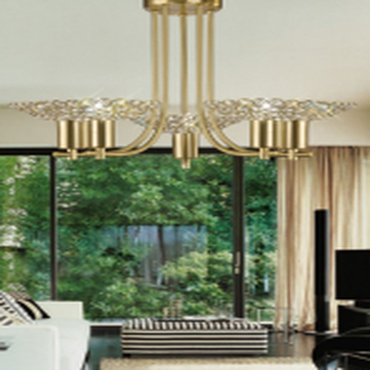 DIYAS Ellen Semi Flush Ceiling Pendant 5 Light Satin Brass Gold Crystal