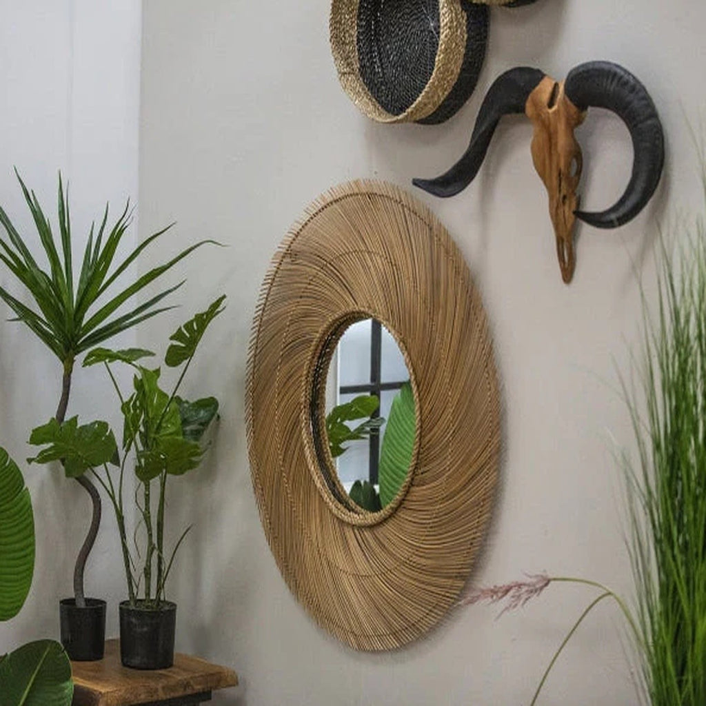 Bluebone Home LAW88 Round Rattan Wall Mirror 90cm – Natural Brown – Boxed
