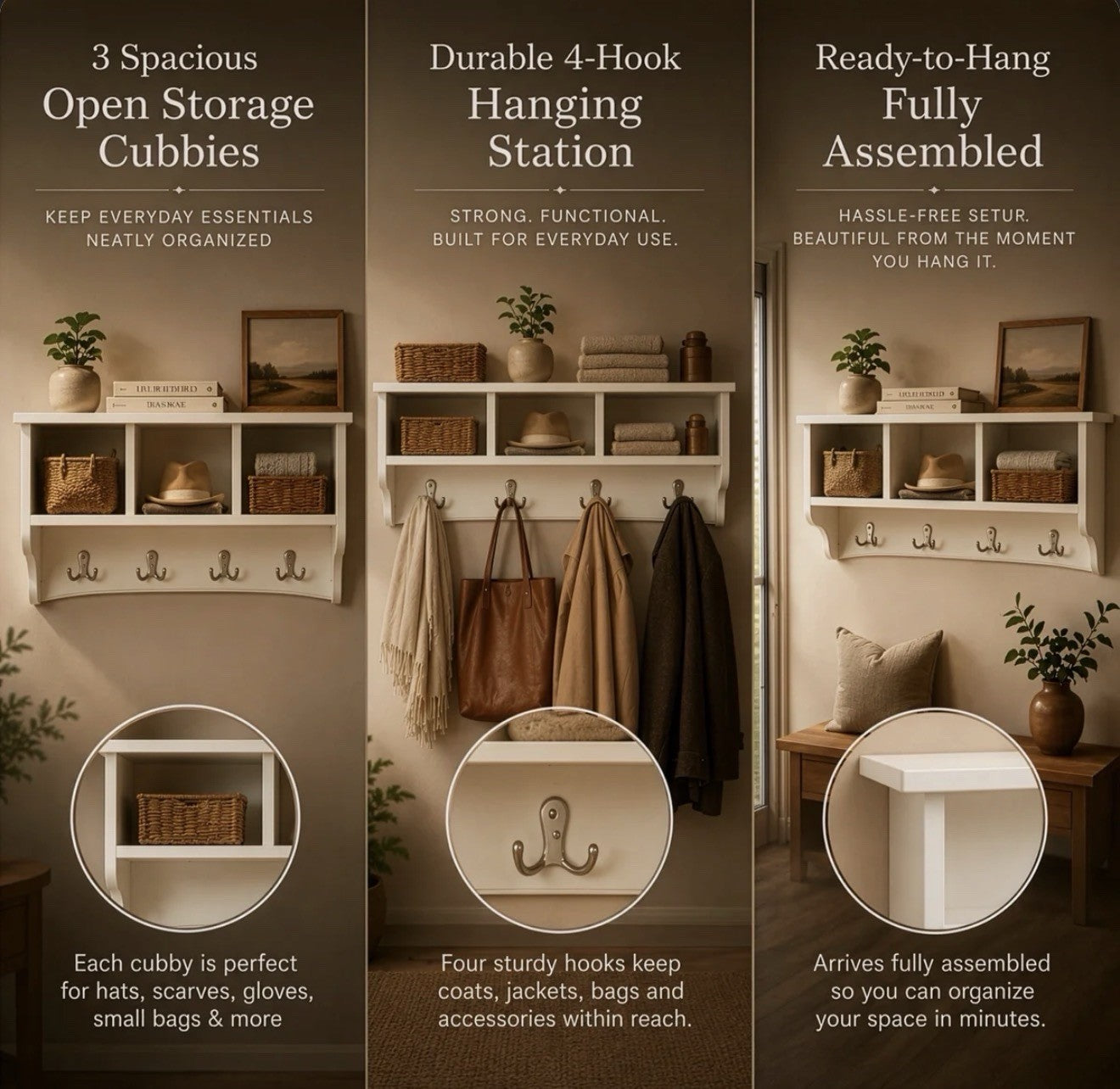 Alaterre Shaker Cottage Wall Coat Rack 3 Cubbies Hooks Ivory BNIB